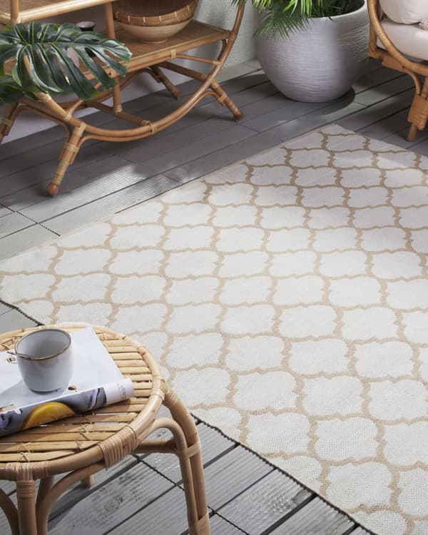 Gulvtæppe Hvid og Beige Polyester 140 x 200 cm Rektangulær Håndvævet Marokkansk Espalier Firkløver Indendørs Udendørs Oriental Indretning