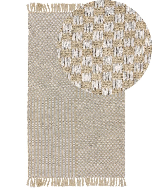 Gulvtæppe Beige Jute og Bomuld 80 x 150 cm Rektangulær Håndvævet Gingham Mønster med Frynser Boho Stil til Soveværelset eller Entréen Dekor