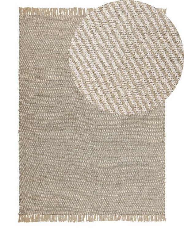 Gulvtæppe Beige Jute og Bomuld 140 x 200 cm Flad Håndvævet Stribet Mønster Boho Sisal Natur Løs Frynser Soveværelse Gang Dekoration Tilbehør