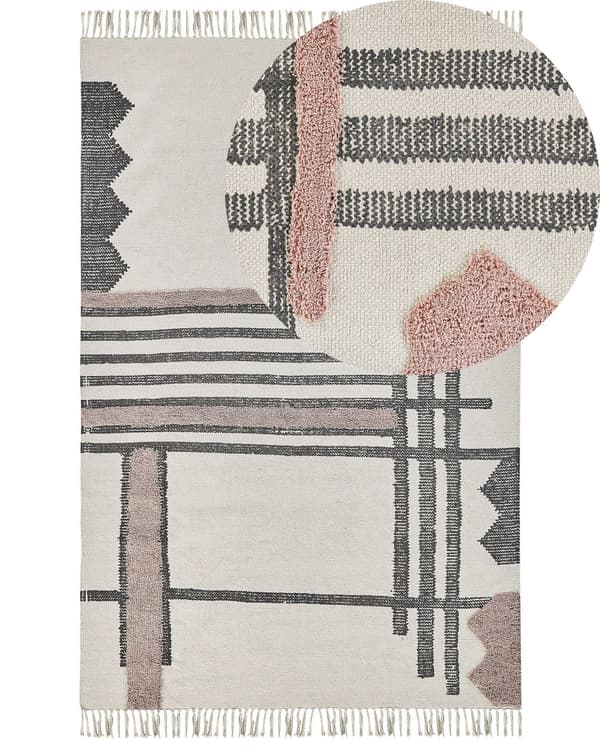 Matto beigemusta puuvillaa 160 x 230 cm geometrisilla kuvioilla boho-tyyli
