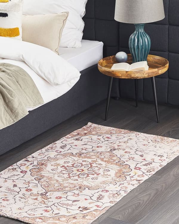 Matta Beige och Brun Polyester och Bomull Handvävd Tryckt Blommigt Orientaliskt Mönster