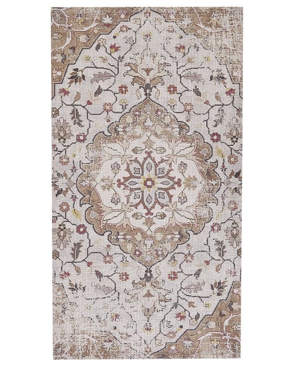 Matta Beige och Brun Polyester och Bomull Handvävd Tryckt Blommigt Orientaliskt Mönster