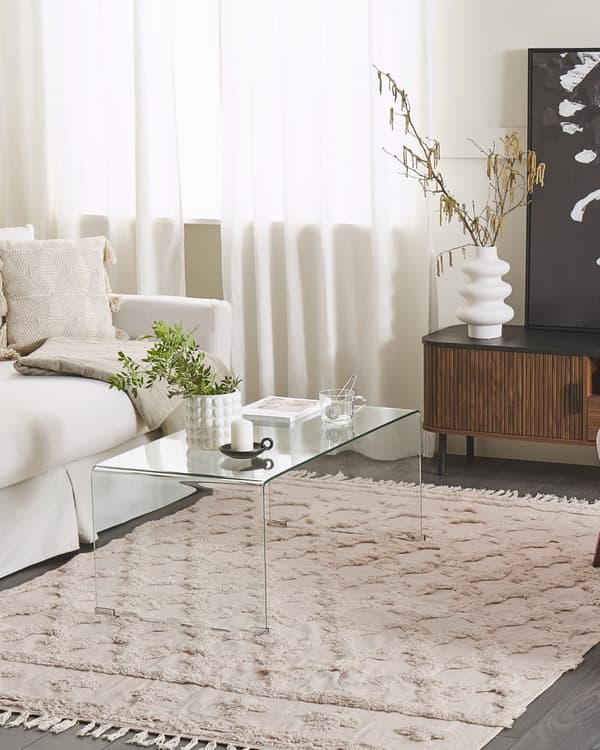 Matto beige puuvillaa 140 x 200 cm marokkolaistyylisellä kuvioinnilla tupsut