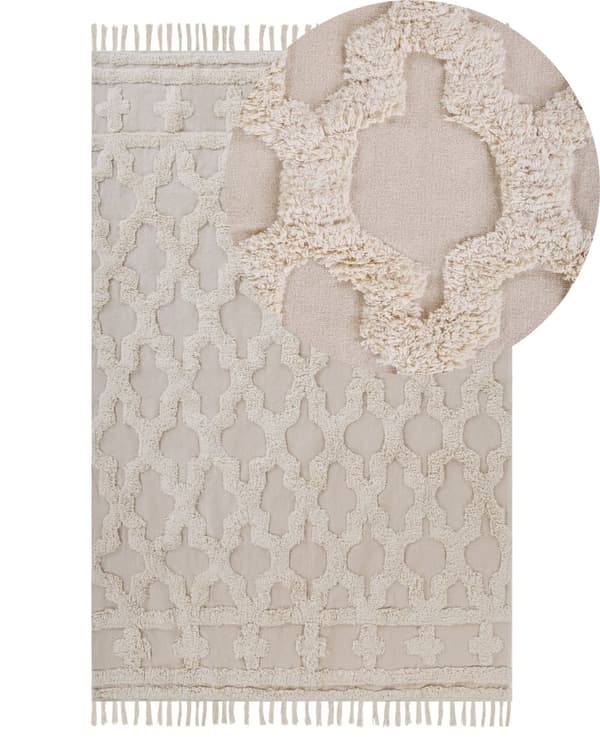 Matto beige puuvillaa 140 x 200 cm marokkolaistyylisellä kuvioinnilla tupsut