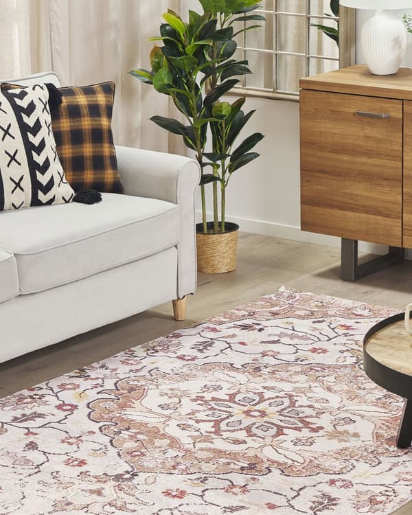 Gulvtæppe Beige Brun Flerfarvet 140 x 200 cm Dekorativ Indendørs Mønstret Blomster Tæppe Håndvævet Orientalsk Soveværelse Entré Tilbehør