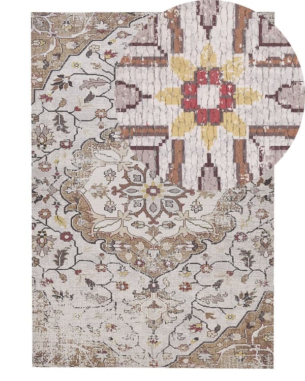 Gulvtæppe Beige Brun Flerfarvet 140 x 200 cm Dekorativ Indendørs Mønstret Blomster Tæppe Håndvævet Orientalsk Soveværelse Entré Tilbehør