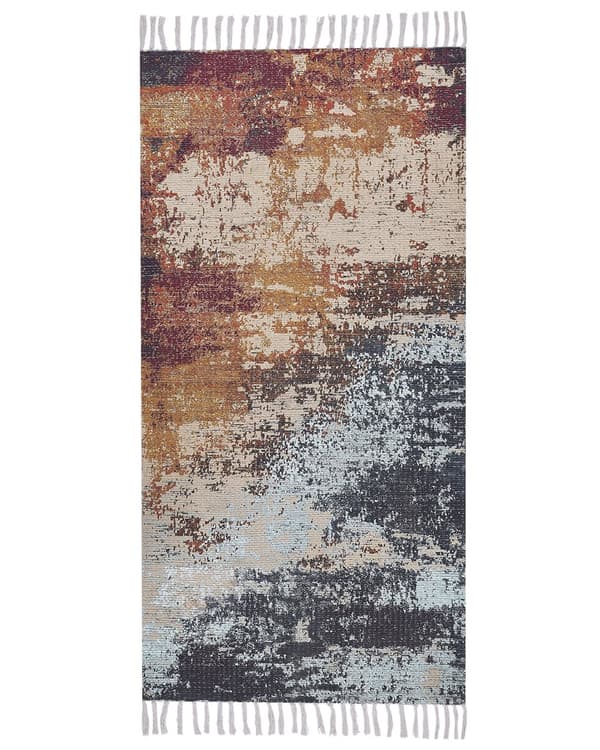 Gulvtæppe Beige Brun Grå Flerfarvet Polyester og Bomuld 80 x 150 cm Dekorativ Fladvævet Abstrakt Mønstret Uldtæppe til Stue Soveværelse Entré