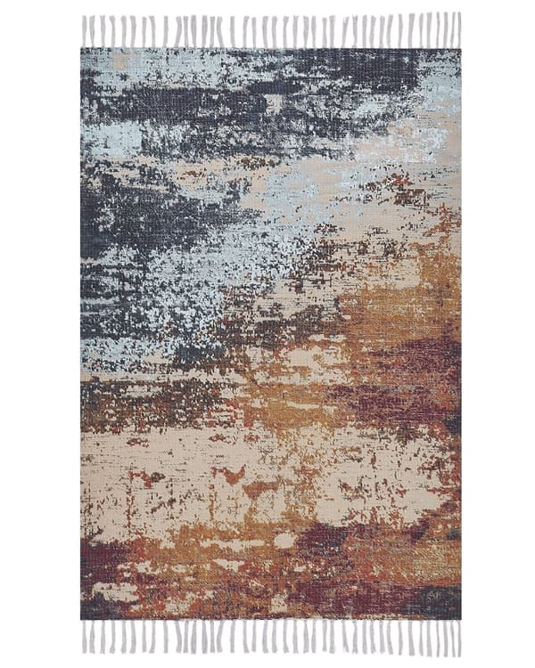 Gulvtæppe Beige Brun Grå Flerfarvet Polyester og Bomuld 150 x 230 cm Dekorativ Fladvævet Abstrakt Mønstret Uldtæppe til Stue Soveværelse
