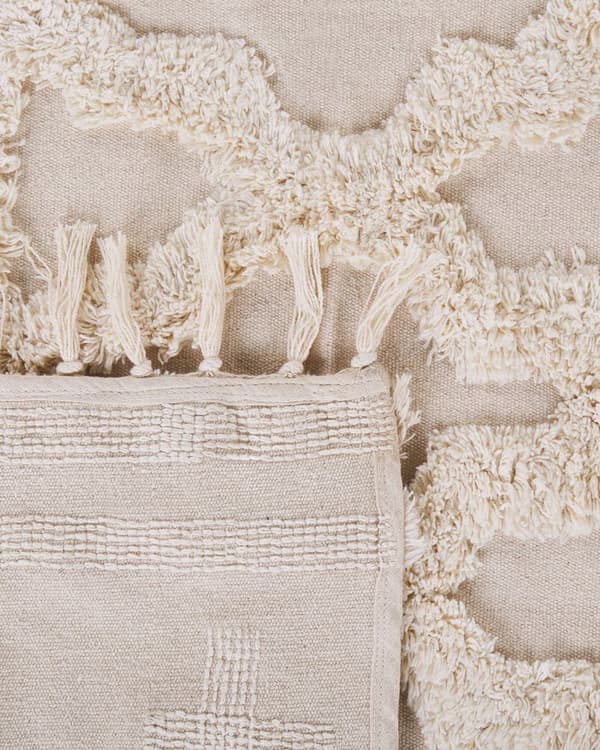 Matto beige puuvillaa 230 x 160 cm marokkolaistyylisellä kuvioinnilla tupsut