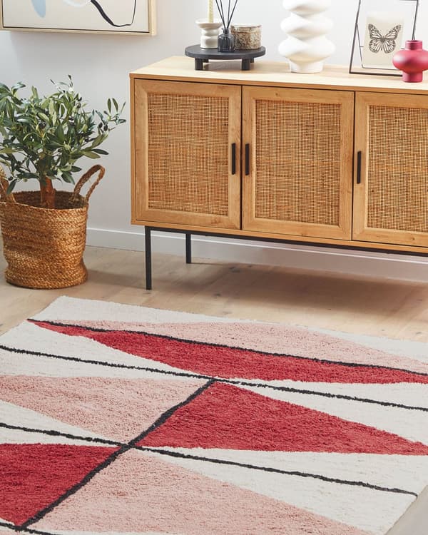 Gulvtæppe Beige Rød Sort Multifarvet Bomuld 160 x 230 cm Dekorativ Løs Uldtæppe Lav Luv Tæppe til under Sofabord Entré Marokkansk Design