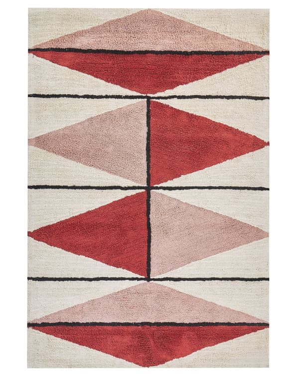 Gulvtæppe Beige Rød Sort Multifarvet Bomuld 160 x 230 cm Dekorativ Løs Uldtæppe Lav Luv Tæppe til under Sofabord Entré Marokkansk Design