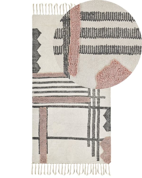 Gulvtæppe Beige Sort Bomuld 80 x 150 cm Dekorativ Løs Uldtæppe Kelim Minimalistisk Boho Mønster Tæppe under Sofabord Soveværelse