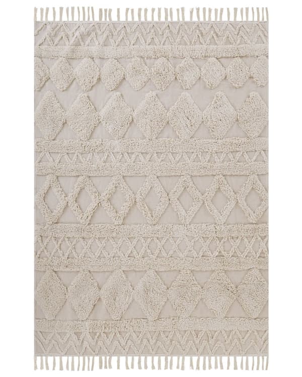 Gulvtæppe Beige Bomuld 160 x 230 Dekorativ Lille Rektangulær Rombe Mønstret Tuftet Tæppe med Frynser Design til Soveværelse Entré Indretning