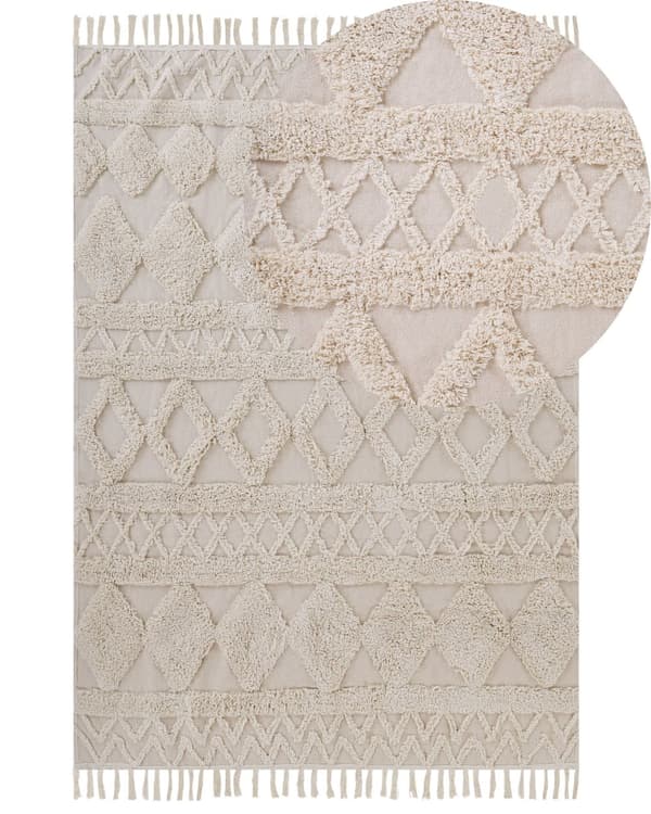Gulvtæppe Beige Bomuld 160 x 230 Dekorativ Lille Rektangulær Rombe Mønstret Tuftet Tæppe med Frynser Design til Soveværelse Entré Indretning
