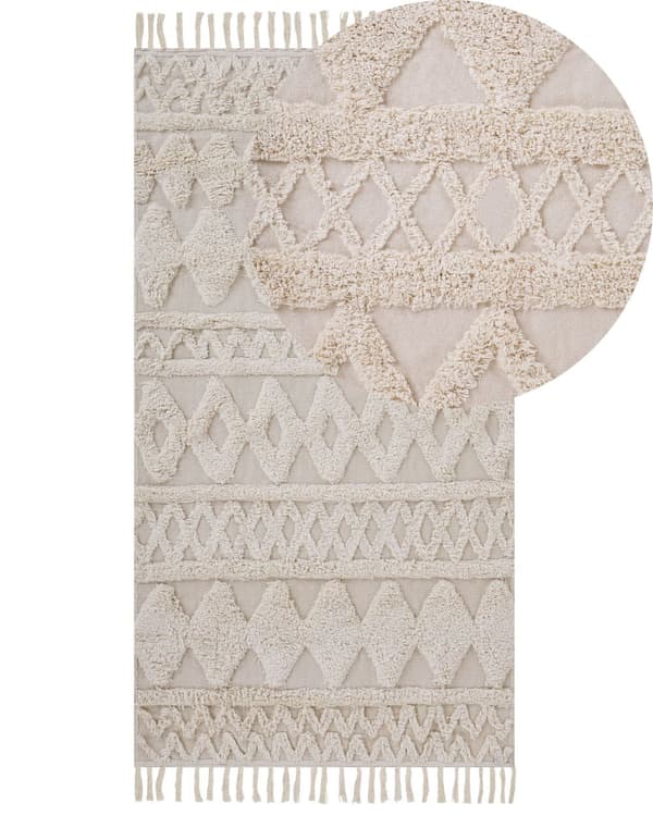 Gulvtæppe Beige Bomuld 80 x 150 Dekorativ Lille Rektangulær Rombe Mønstret Tuftet Tæppe med Frynser Design til Soveværelse Entré Indretning
