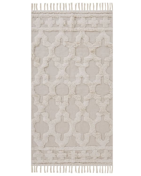 Matta Beige Bomull 80 x 150 cm Tuftad Marockansk Quatrefoil Mönster Tofsar Vardagsrum Sovrum