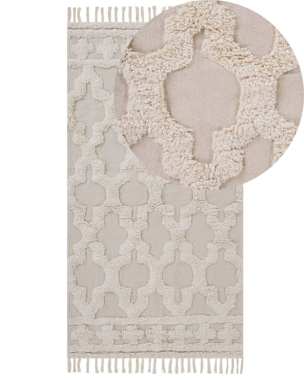 Matta Beige Bomull 80 x 150 cm Tuftad Marockansk Quatrefoil Mönster Tofsar Vardagsrum Sovrum