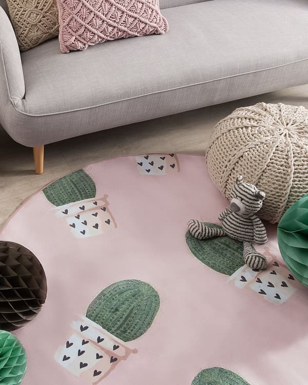 Rund matta rosa och grönt kaktusmotiv ø 120 låg lugg för barn