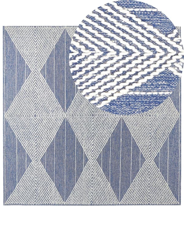 Gulvtæppe Beige Blå Uld og Polyester 200 x 200 cm Dekorativ Firkantet Uldtæppe til Stue under Sofabord til Spisebord Tilbehør Boho Indretning