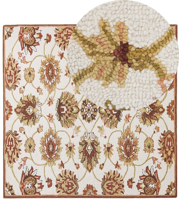tæppe beige og brunt uld 200 x 200 cm tykt tæt luv orientalsk mønster