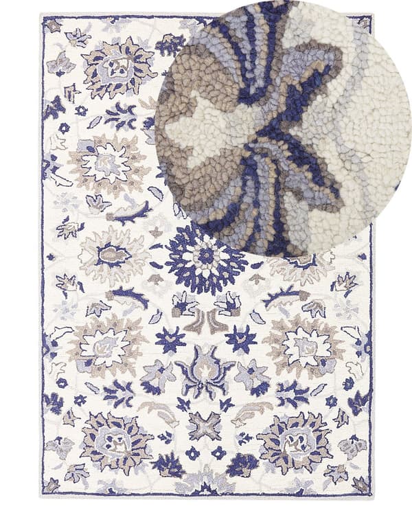 Tæppe Beige og Blå Uld 140 x 200 cm Tykt tæt luv orientalsk mønster
