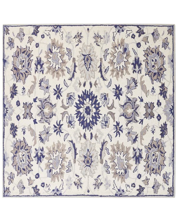 tæppe beige og blå uld 200 x 200 cm tykt tæt luv orientalsk mønster