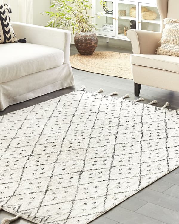 Gulvtæppe Hvid Sort Bomuld 160 x 230 cm Dekorativ Mønstret uldtæppe med Kvaster til Stue Entré Marokkansk Design Rombe Stamme Orientalsk