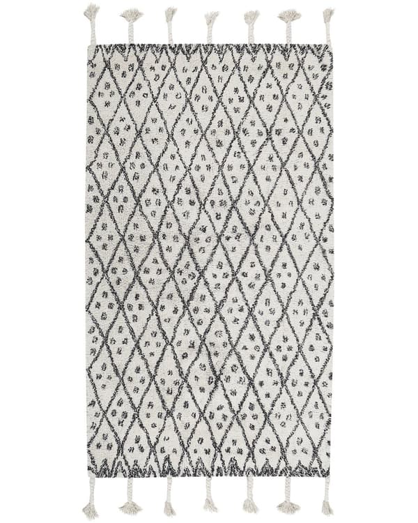 Gulvtæppe Hvid Sort Bomuld 80 x 150 cm Dekorativ Mønstret uldtæppe med Kvaster til Stue Entré Marokkansk Design Rombe Stamme Orientalsk