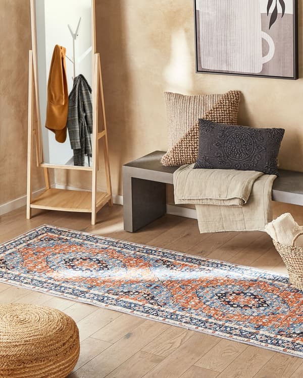 Løbertæppe Løber Blå og Orange Polyester 80 x 300 cm Orientalsk nødstedte Stue Soveværelsesdekorationer