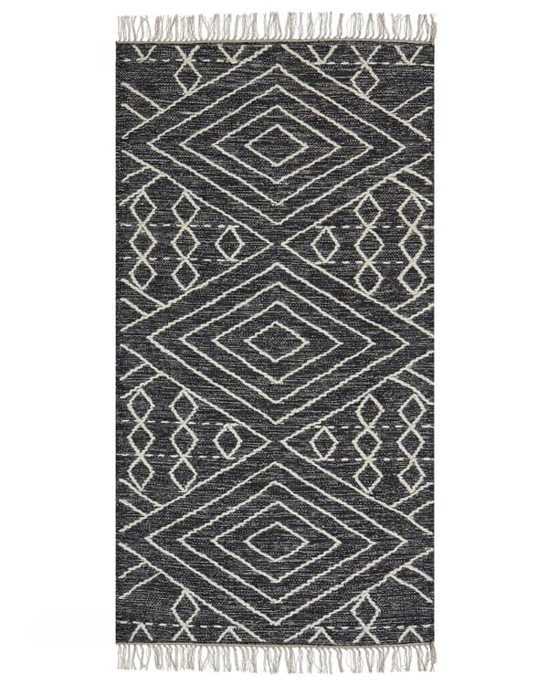 Tæppe off-white sort vat 80 x 150 cm geometrisk mønster runer Stamme kvaster Orientalsk