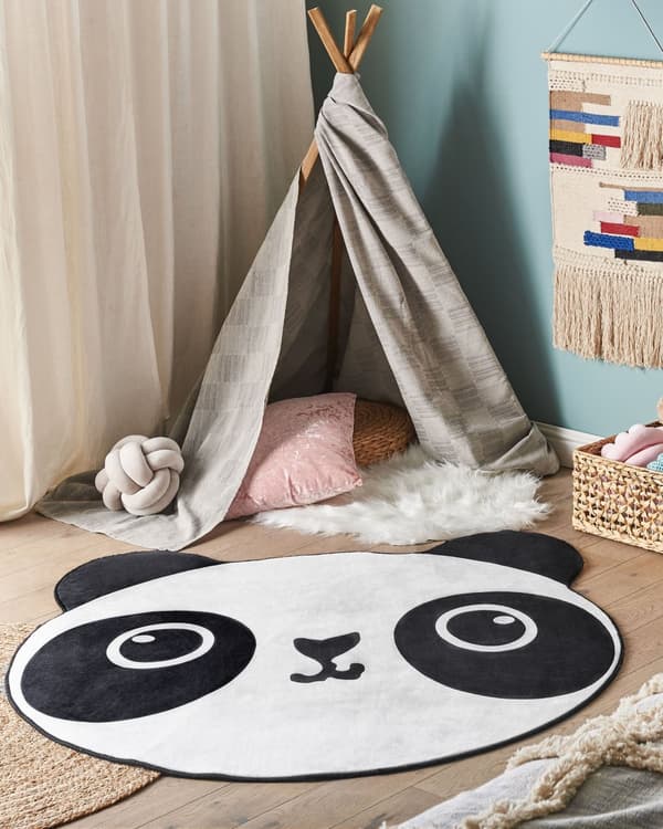 Børnetæppe i sort og hvid polyester ⌀ 120 cm legemåtte med pandatryk børneværelse