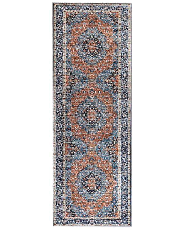 Matto sininen/oranssi polyesteri 60 x 200 cm geometrinen kuvio itämainen vintage-tyyli
