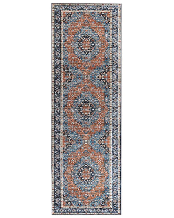 Matto sininen/oranssi polyesteri 80 x 240 cm geometrinen kuvio itämainen vintage-tyyli