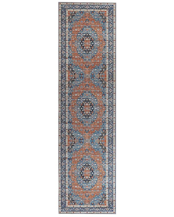 Matto sininen/oranssi polyesteri 80 x 300 cm geometrinen kuvio itämainen vintage-tyyli