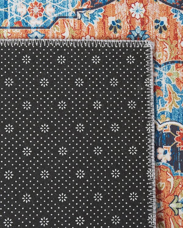 Matto sininen/oranssi polyesteri 80 x 300 cm geometrinen kuvio itämainen vintage-tyyli