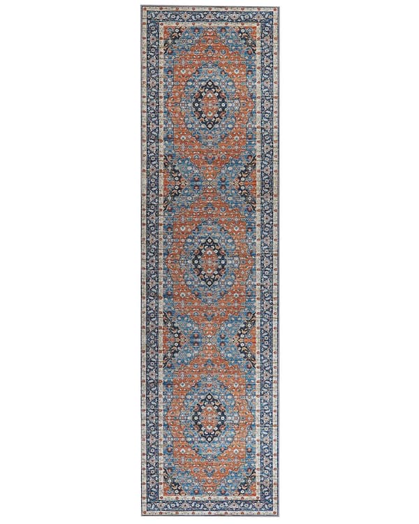 Matto sininen/oranssi polyesteri 80 x 300 cm geometrinen kuvio itämainen vintage-tyyli