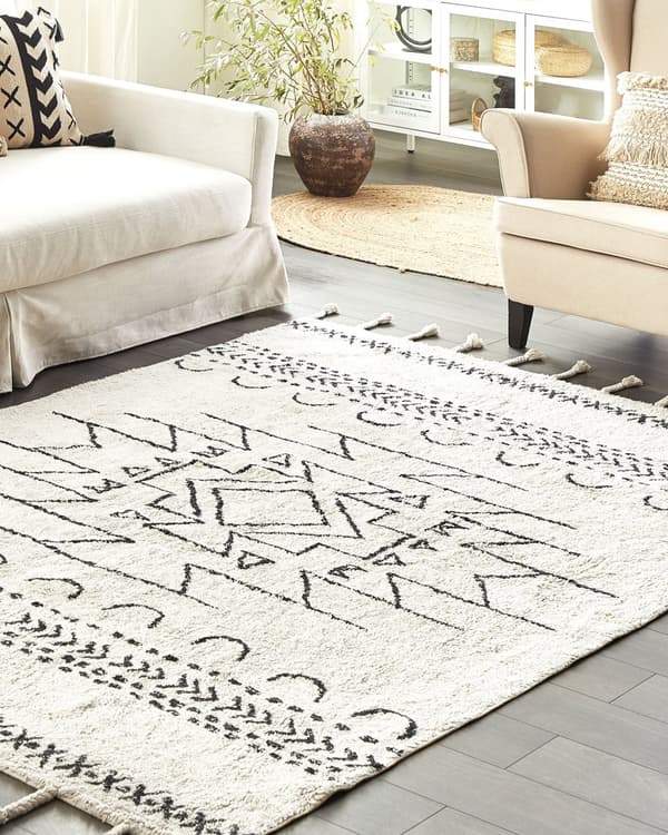 Matto valkoinen/musta puuvilla 160 x 230 cm geometrinen kuvio hapsut boho-tyyli