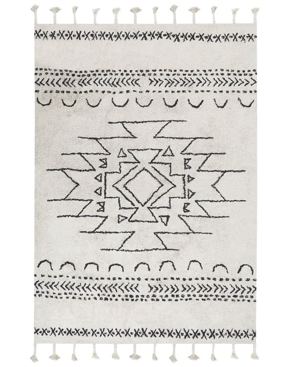 Matto valkoinen/musta puuvilla 160 x 230 cm geometrinen kuvio hapsut boho-tyyli