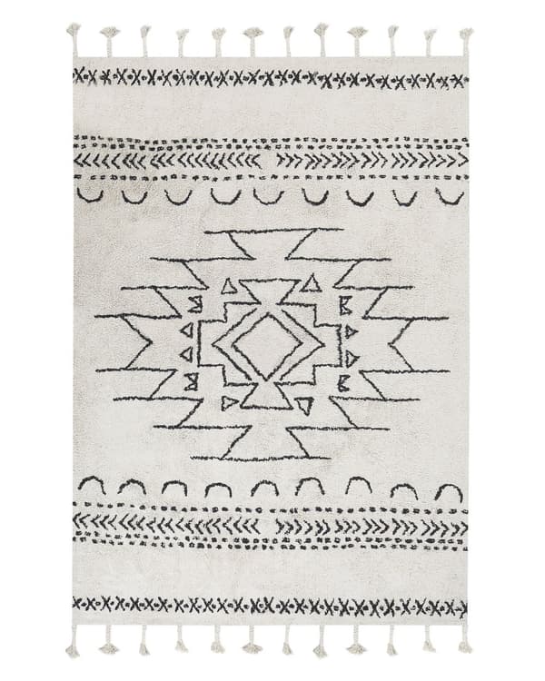 Matto valkoinen/musta puuvilla 140 x 200 cm geometrinen kuvio hapsut boho-tyyli
