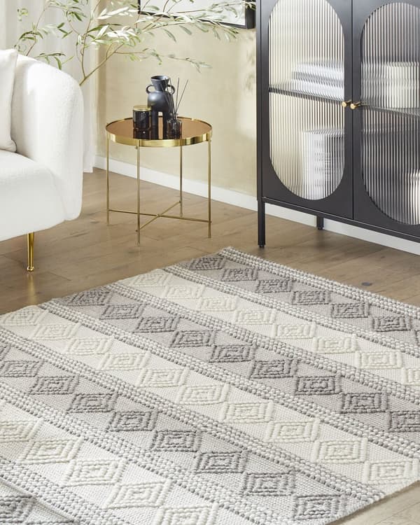 Matta Ljusbeige och Grå Ull Polyester 140 x 200 cm Handvävd Geometriskt Mönster Boho Vardagsrum Sovrum