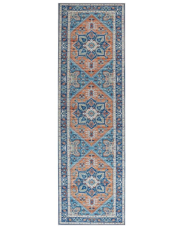 Matto sininen oranssi 60 x 200 cm polyesteri suorakulmio itämainen kuvio moderni perinteinen