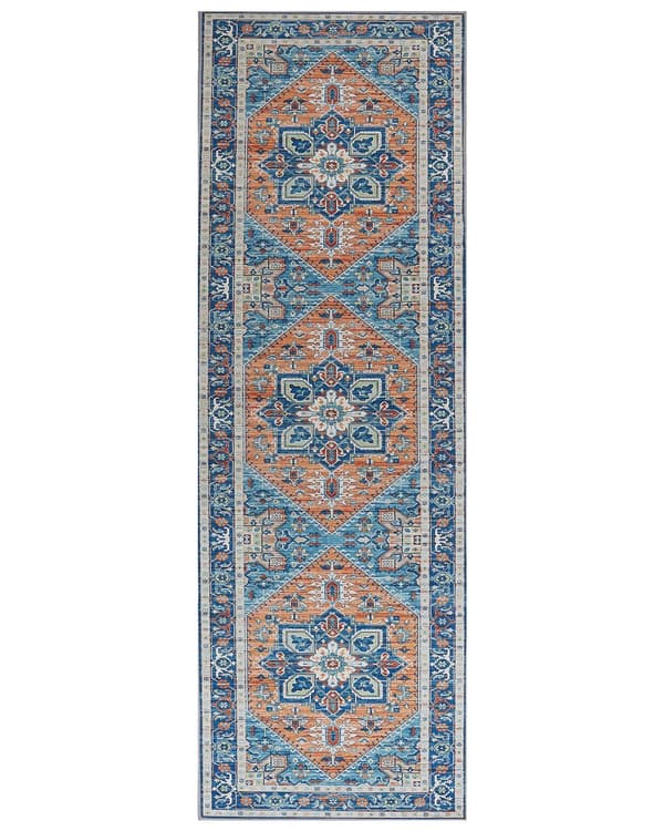 Matto sininen oranssi 80 x 240 cm polyesteri suorakulmio itämainen kuvio moderni perinteinen