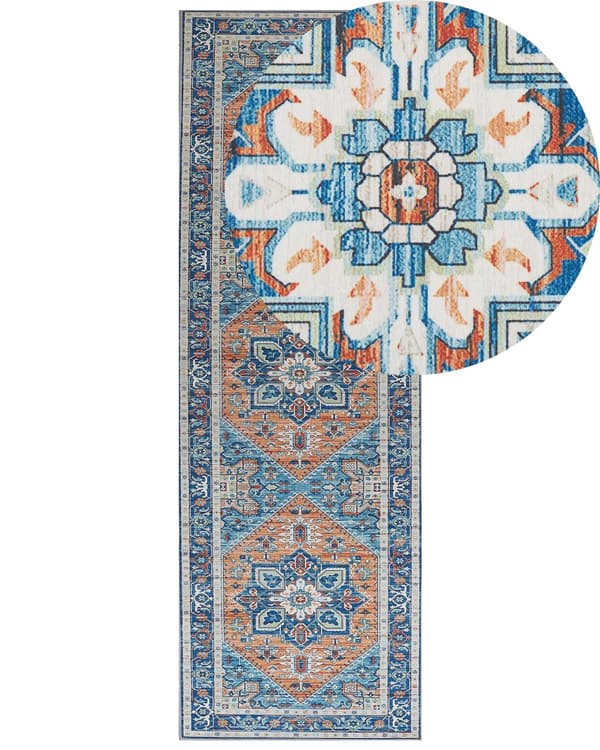 Gulvtæppe Blå Orange Polyester 80 x 240 cm Dekorativ Tæppeløber Mønstret Orientalsk til Entré Trappe med Skridsikker Bund Moderne Tilbehør