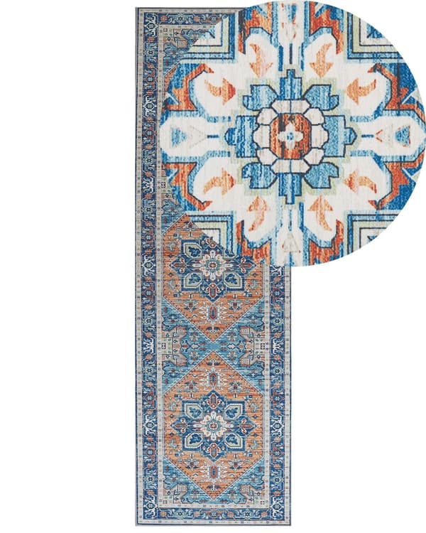 Gulvtæppe Blå Orange Polyester 60 x 200 cm Dekorativ Tæppeløber Mønstret Orientalsk til Entré Stue med Skridsikker Bund Moderne Tilbehør