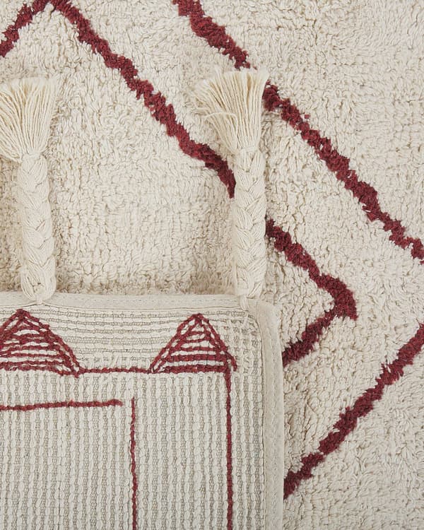 Matta Off-White Mörkröd Bomull 160 x 230 cm Geometriskt Mönster Runor Stam Tofsar Orientalisk