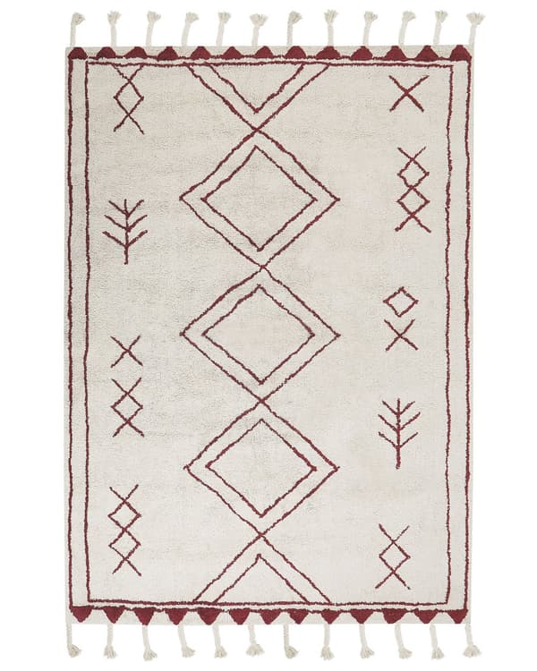 Matta Off-White Mörkröd Bomull 160 x 230 cm Geometriskt Mönster Runor Stam Tofsar Orientalisk