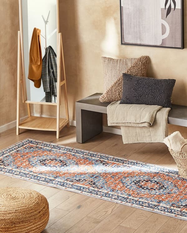 Matta Löpare Blå och Orange Polyester 80 x 300 cm Orientalisk Sliten Vardagsrum Sovrumsdekorationer