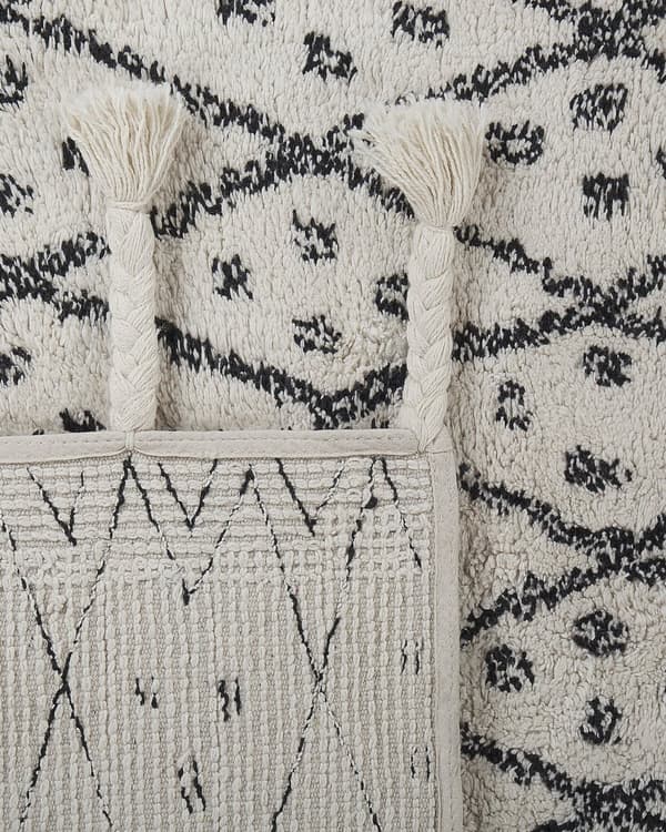Matta Off-White Svart Bomull 160 x 230 cm Geometriskt Mönster Runor Stam Tofsar Orientalisk
