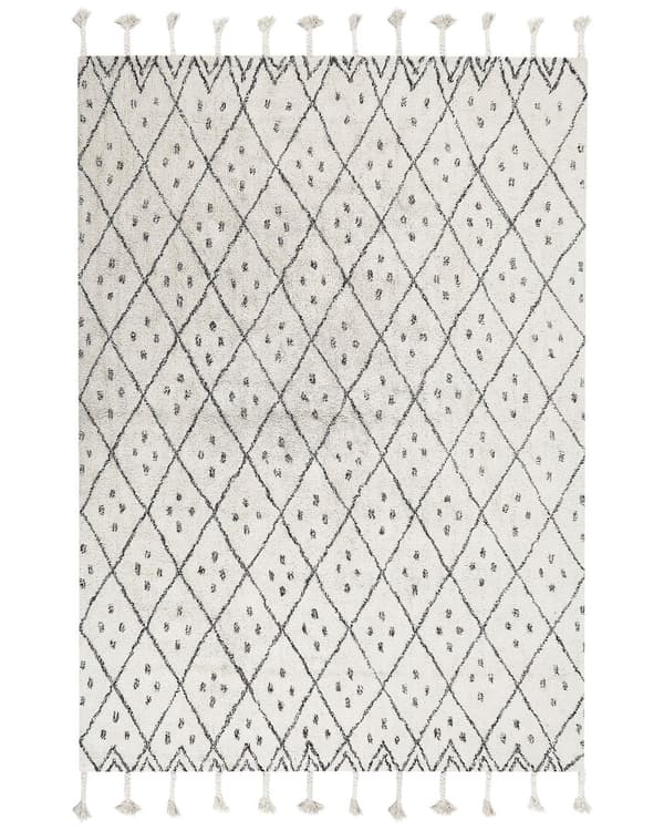 Matta Off-White Svart Bomull 160 x 230 cm Geometriskt Mönster Runor Stam Tofsar Orientalisk