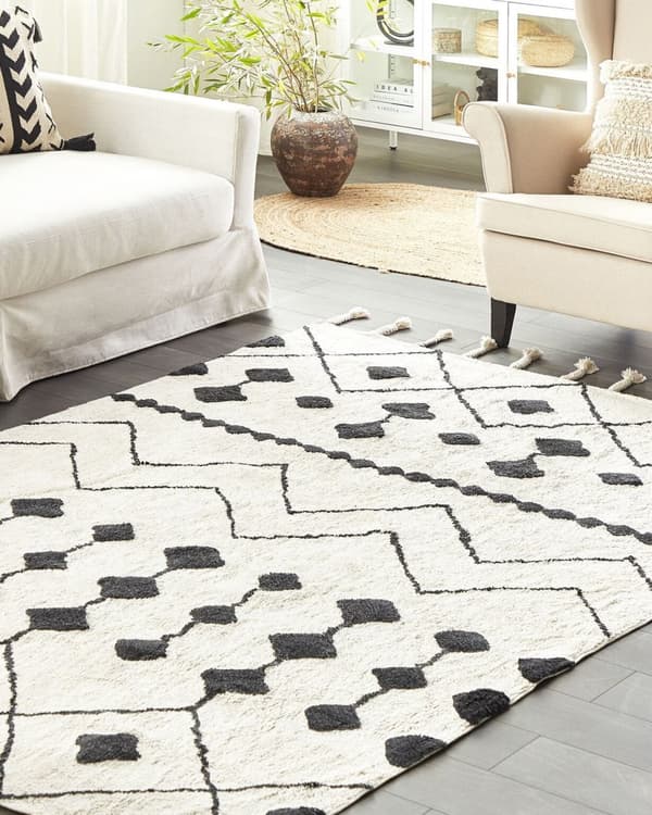 Matta Off-White Svart Bomull 160 x 230 cm Geometriskt Mönster Runor Stam Tofsar Orientalisk